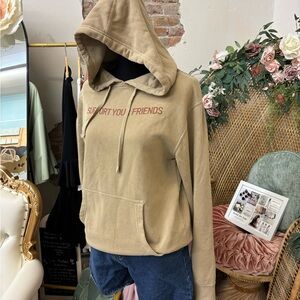 Tan Hoodie with 'Support Your Friends' Slogan